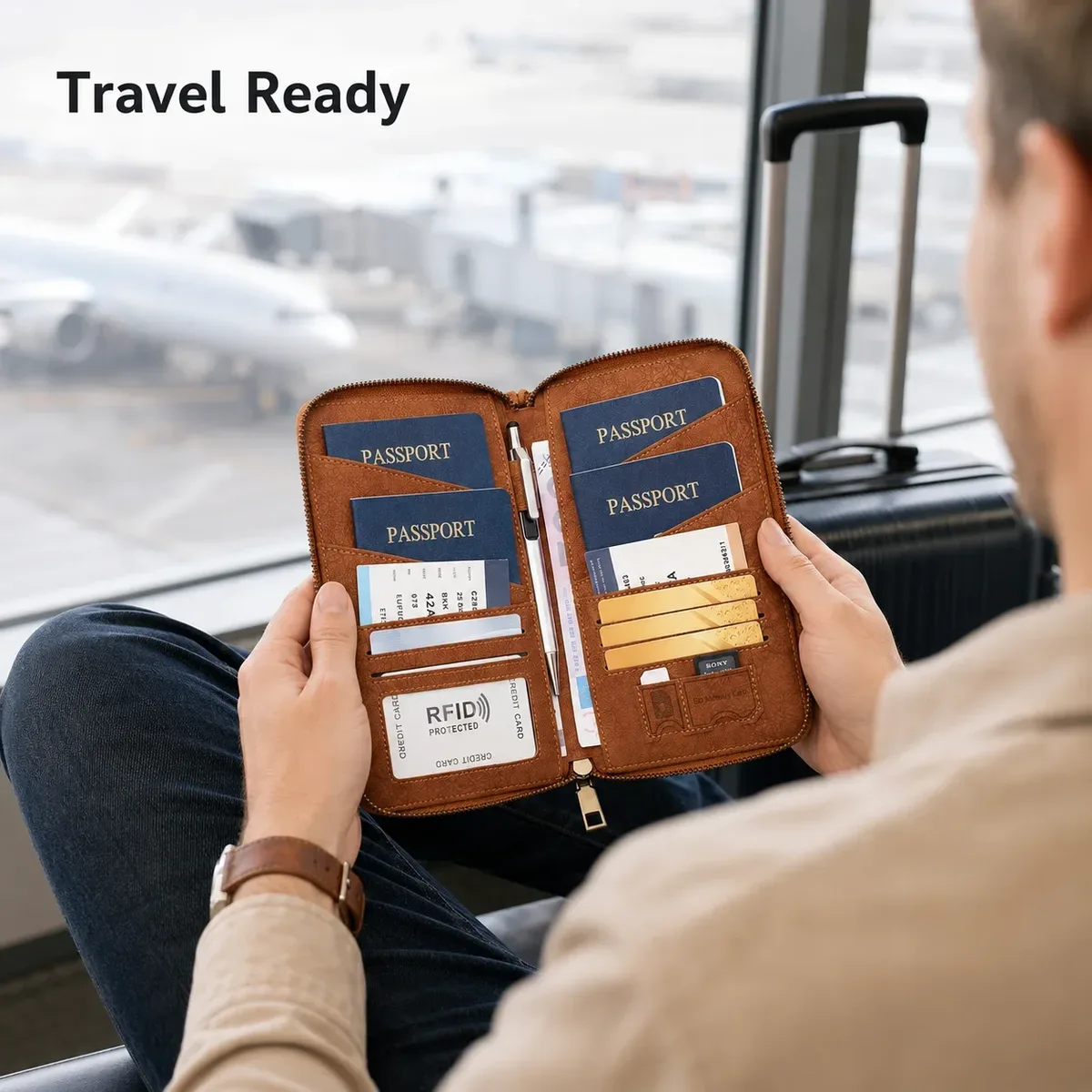 portefeuille de voyage anti-rfid grande capacité en cuir pu, organiseur de documents avec fermeture éclair pour passeport, billets, cartes et stylo