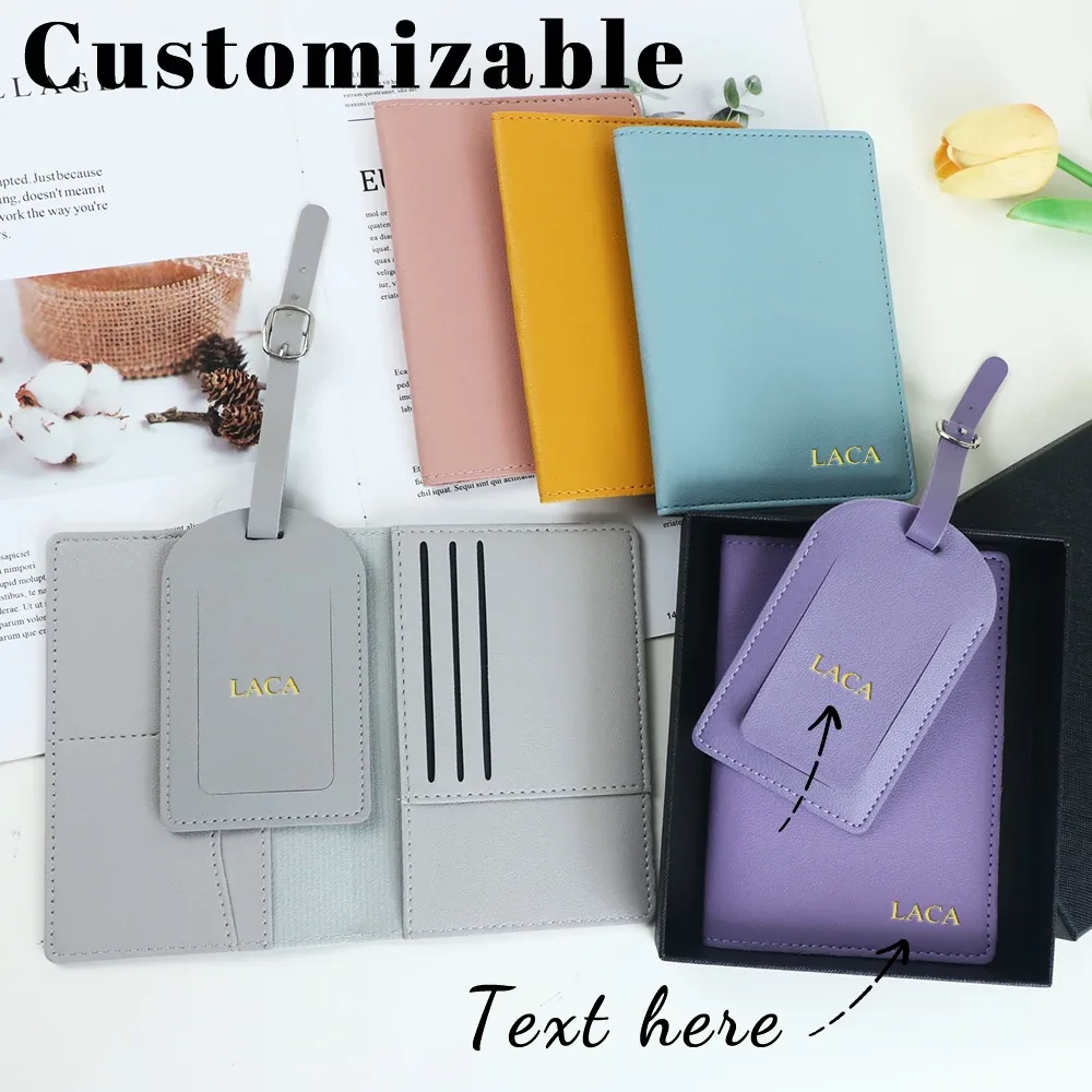 Ensemble cadeau de porte-passeport en cuir PU personnalisé avec nom, porte-bagages, porte-cartes multi-fentes, portefeuille grande capacité, porte-passeport