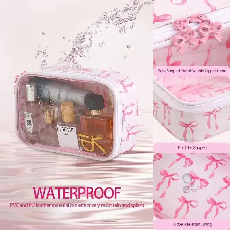 Sac de voyage imperméable en PVC, trousse de maquillage, sac à linge transparent rose avec nœud, sac à cosmétiques et articles de toilette