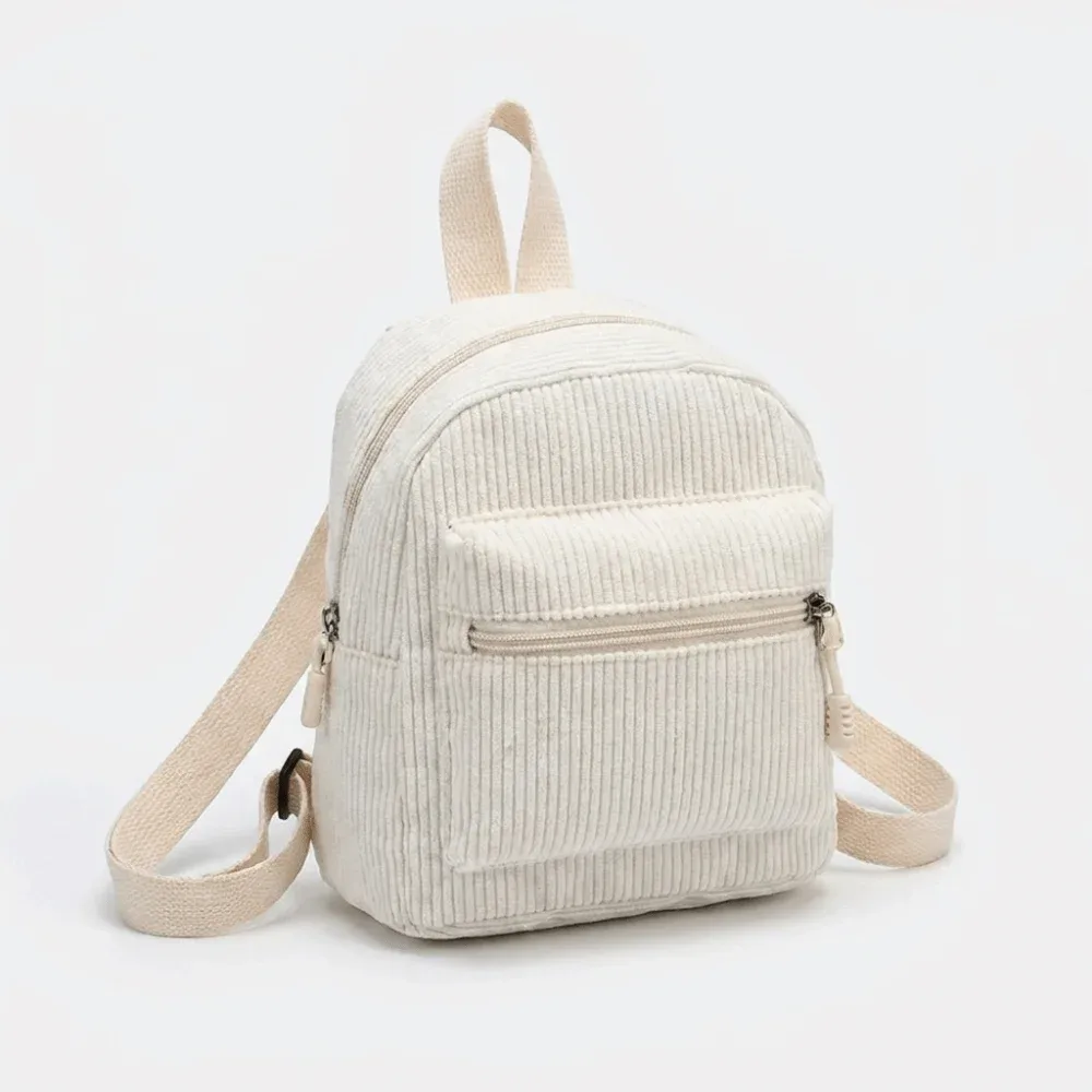 mini sac à dos rétro en velours côtelé de couleur unie, léger, avec fermeture éclair, double bandoulière, sac à dos vintage multi-poches, sac à dos de voyage décontracté