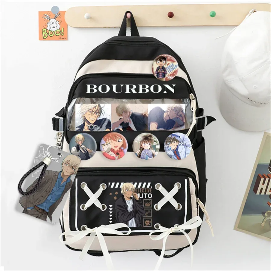 détective conan – sac à dos dessin animé avec badge pour ordinateur portable, cartable d'école pour étudiant, sac de voyage pour ordinateur cosplay