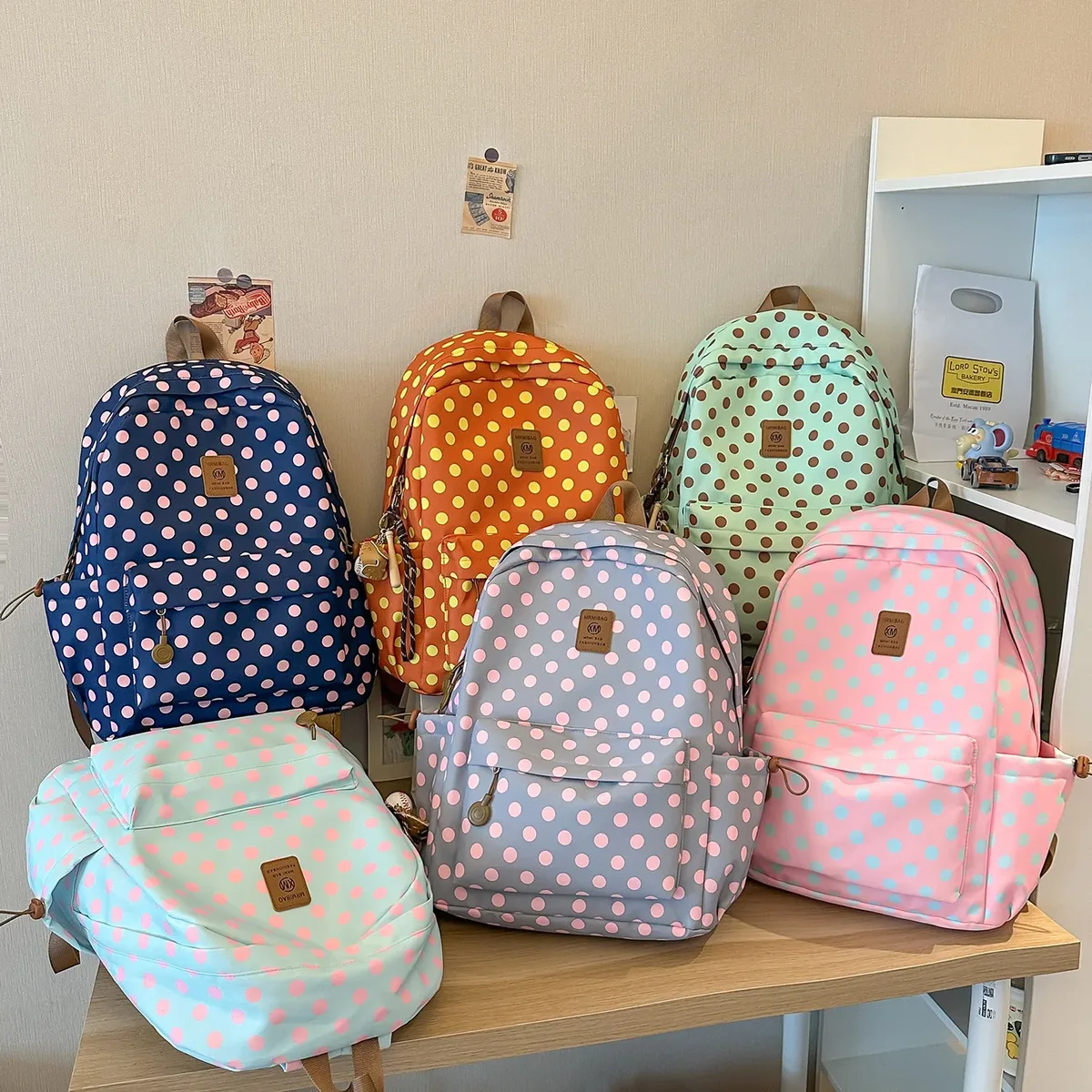 sac à dos décontracté vert menthe à pois pour femme avec poignée supérieure marron et poche zippée, grande capacité, idéal pour l'école et les voyages