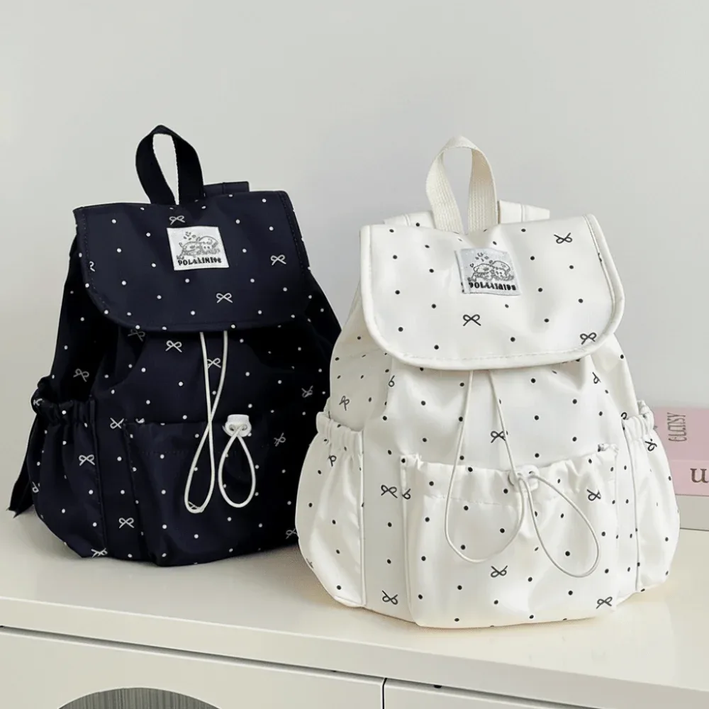 sac à dos de style japonais pour femmes, motif à pois, fermeture à cordon, sac à dos de grande capacité, sac de style preppy