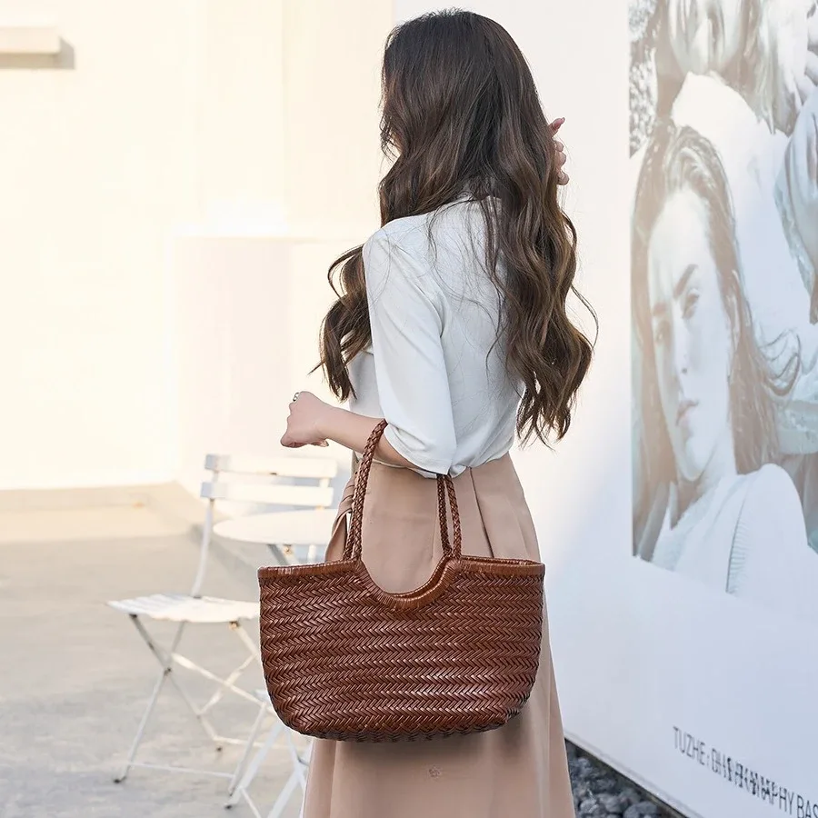 Sacs à main pour femmes, sac à bandoulière en cuir véritable, sac de shopping vintage, grand sac fourre-tout, sac à main en cuir de vache, sacs à main pour femmes, tissage décontracté