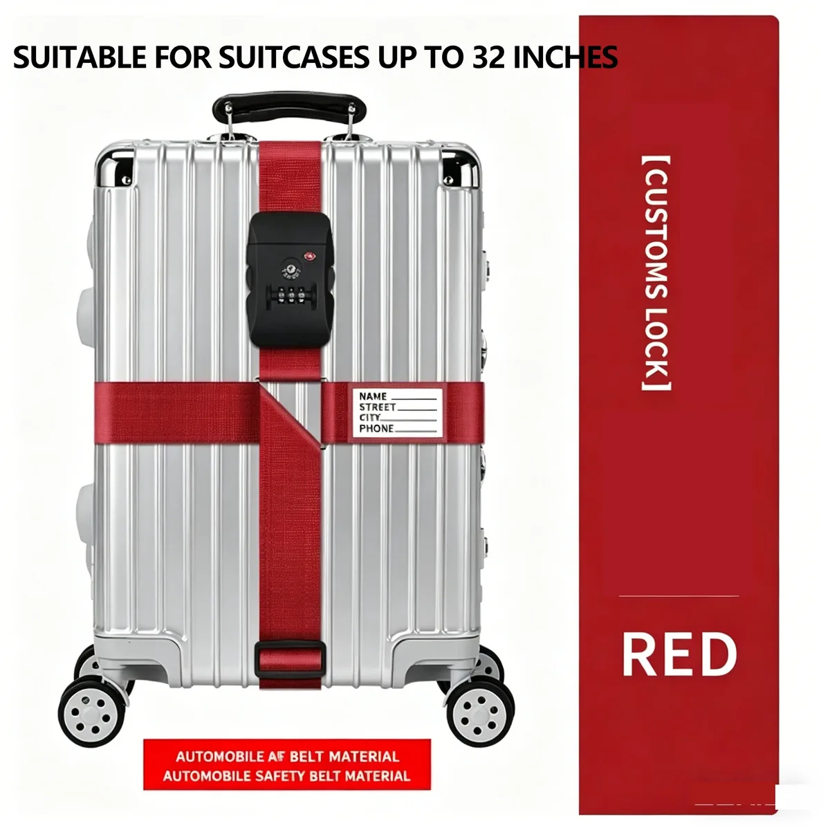sangle de bagage croisée avec serrure tsa, sangle de valise à longueur réglable avec étiquette d'identification transparente, ceinture de voyage durable pour bagages