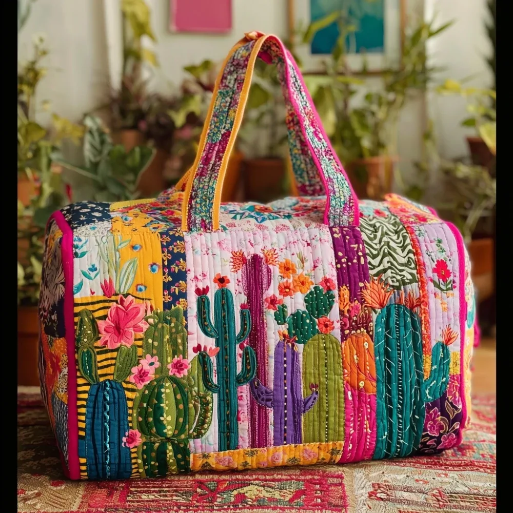 sac de voyage matelassé imprimé 3d motif cactus floral, léger en polyester, spacieux, idéal pour les week-ends, la gym et les vacances