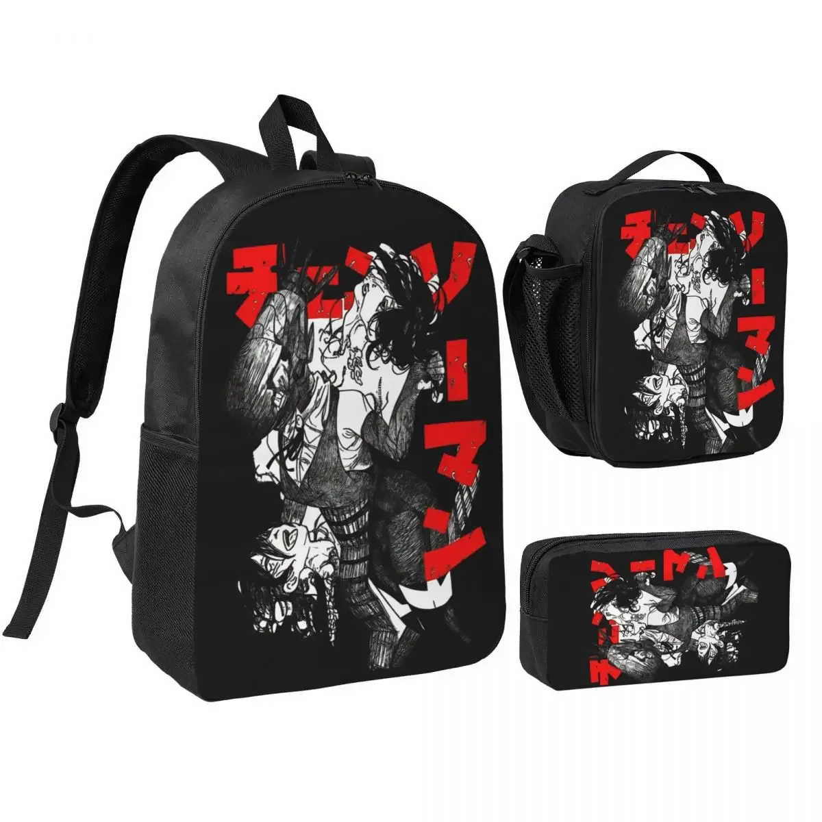 anime tronçonneuse homme 3pecs/ensemble sac à dos pour étudiant ordinateur portable sac à bandoulière sac à déjeuner trousse à crayons