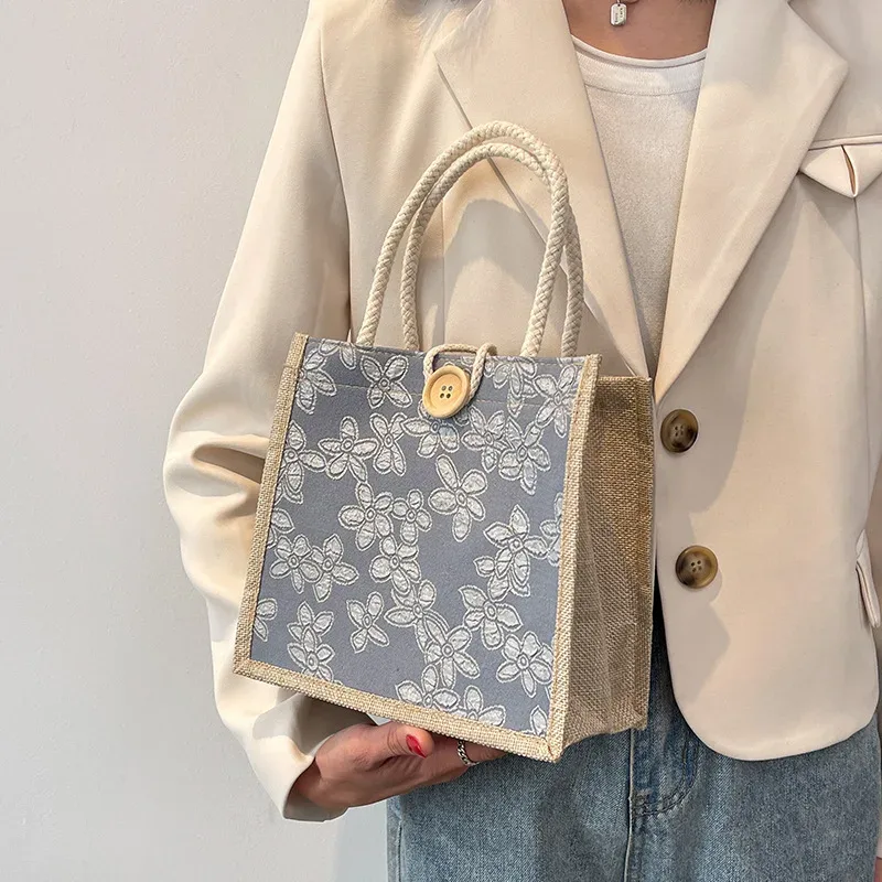 sac fourre-tout en lin vintage pour femmes, sacs à main de plage d'été, sac de bricolage rétro, sac à cuillère portable, sac à provisions multiple top foy