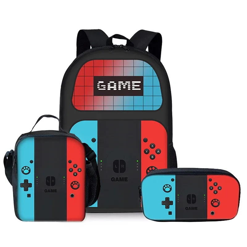 Sacs à dos trois pièces pour garçons et filles, design console de jeu, meilleurs cadeaux, sac à dos scolaire dessin animé 2D pour enfants