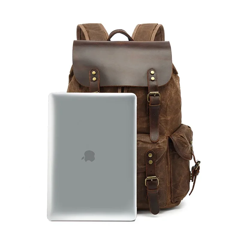 sac à dos en toile de cire d'huile pour femmes, sac de voyage vintage étanche de grande capacité, mochila en cuir pour ordinateur portable avec cordon