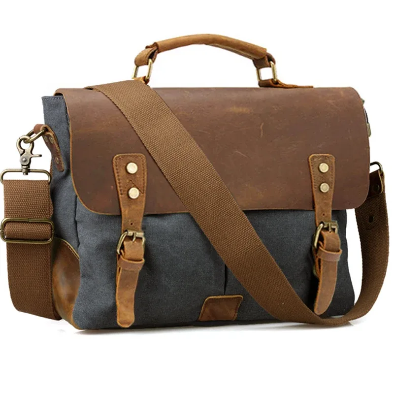 Sac d'affaires vintage en cuir et toile pour homme, porte-documents, sac de bureau, mallette en toile, porte-documents, sacoche à documents.