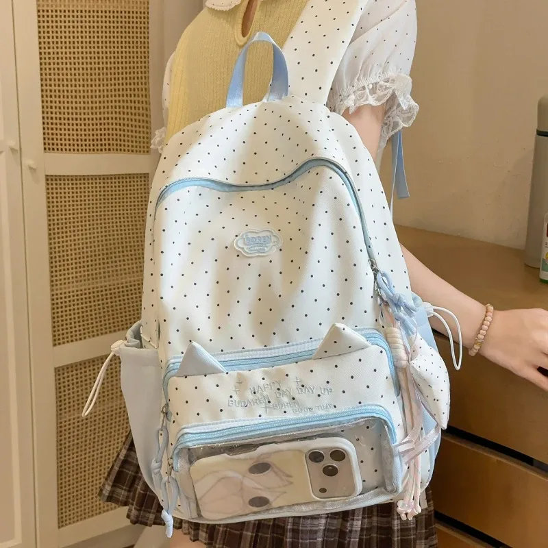 sac à dos mignon à pois avec oreilles de chat, style preppy, en nylon léger, pour filles du collège et du lycée, sac ita décontracté