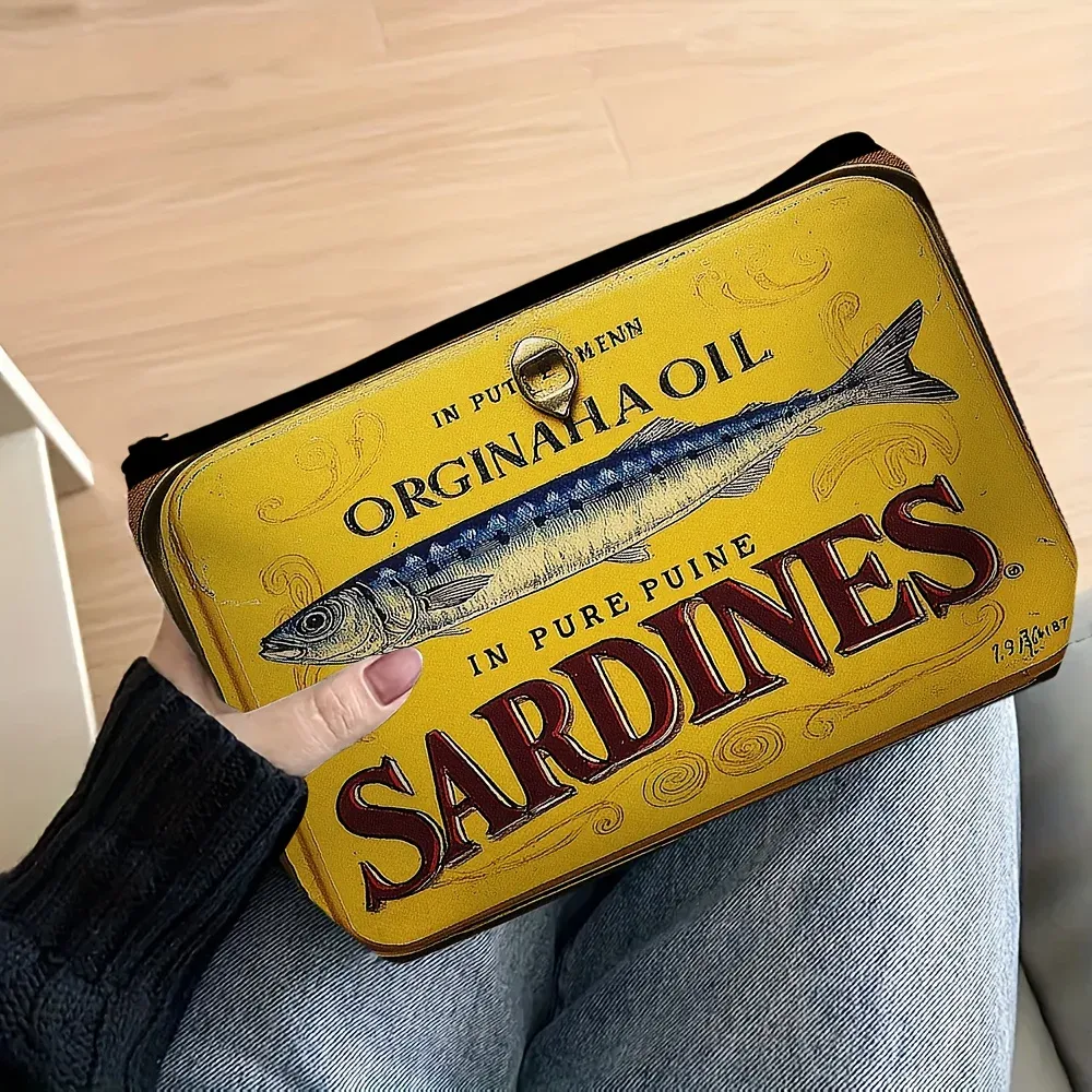 pochette de maquillage vintage au design d'étiquette de sardine, motif rétro boîte de conserve de sardine, fermeture éclair, grande capacité, organiseur adapté aux sardines