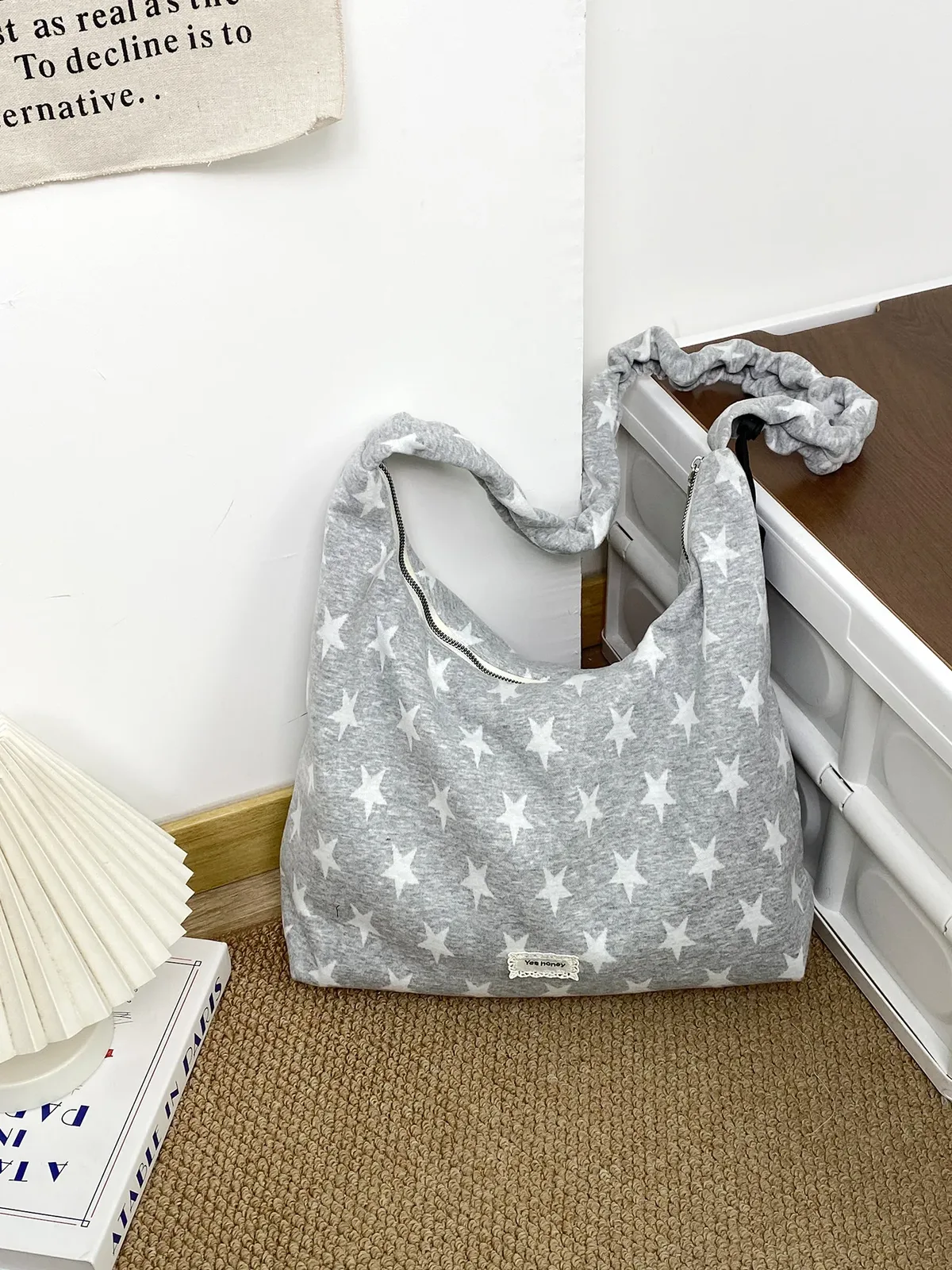 sac bandoulière coréen à imprimé étoiles, noir et blanc, grande capacité, sac hobo décontracté à rayures, sac à main polyvalent pour écolière
