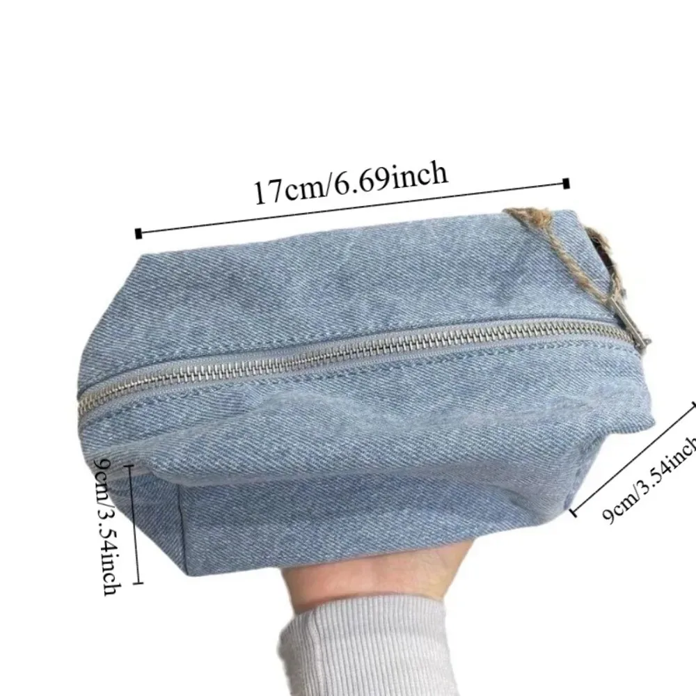 sac de maquillage en denim bleu de couleur unie, sacs à cosmétiques en jean à fermeture éclair de style coréen, organisateur de voyage vintage, sac de rangement de papeterie