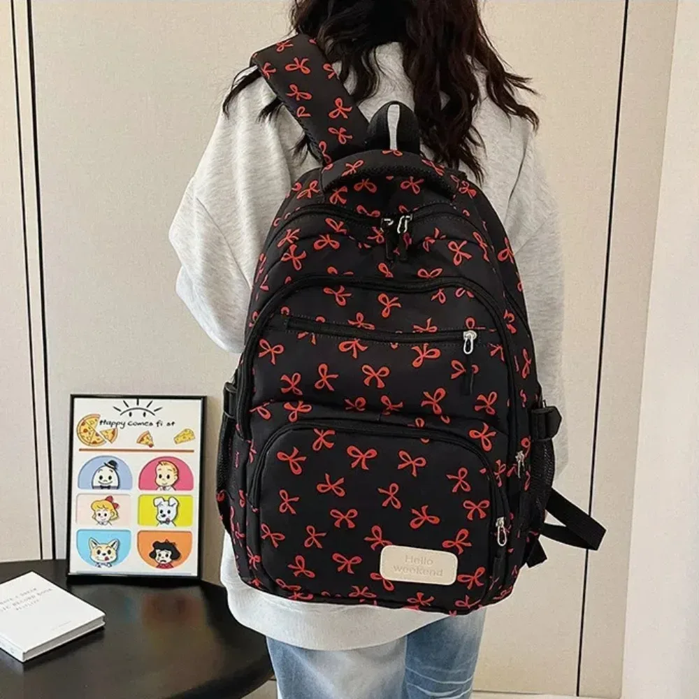 lot de 3 sacs à dos mignons grande capacité avec nœud, imprimé nœud, bretelles réglables, sac à dos d'étudiant en nylon, sac à dos de voyage