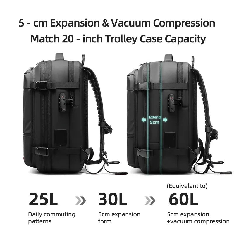 sac à dos de voyage pour homme avec pompe de compression à un clic, sac à dos pour ordinateur portable, randonnée, affaires, 17 pouces, sac à dos scolaire extensible