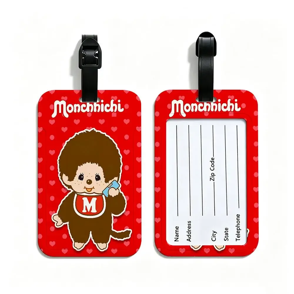 étiquette de bagage de voyage en pvc, motif dessin animé lawaii anime m-monchhichi, avec porte-carte d'informations et marqueur de nom anti-perte pour sac à dos.