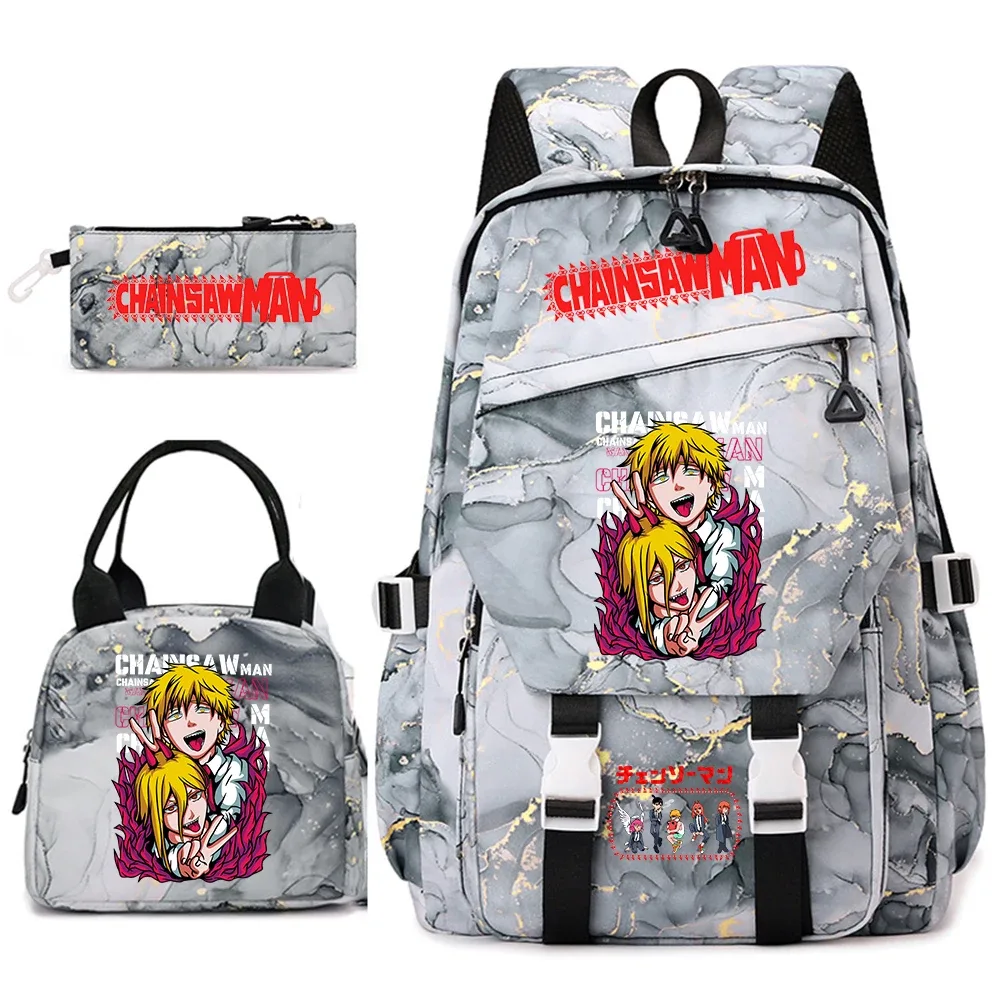 ensemble de sacs à dos pour étudiantes avec imprimé chainsaw man anime, pour filles, avec sac à lunch et trousse à crayons, pour une utilisation quotidienne à l'école