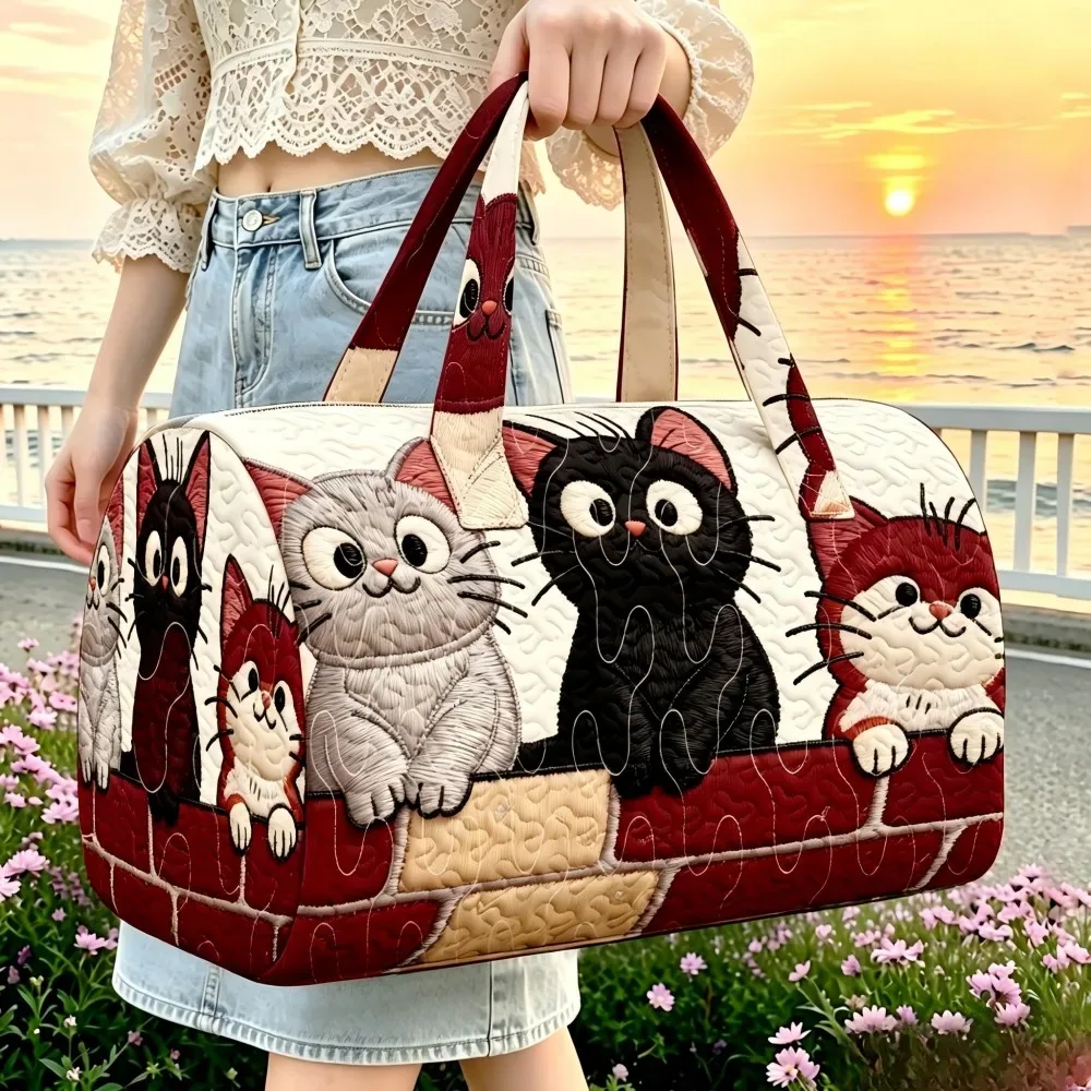 sac de voyage matelassé motif chaton mignon pour femme, sac à main de week-end, sac de sport portable, bagage cabine pour court séjour, sac fourre-tout