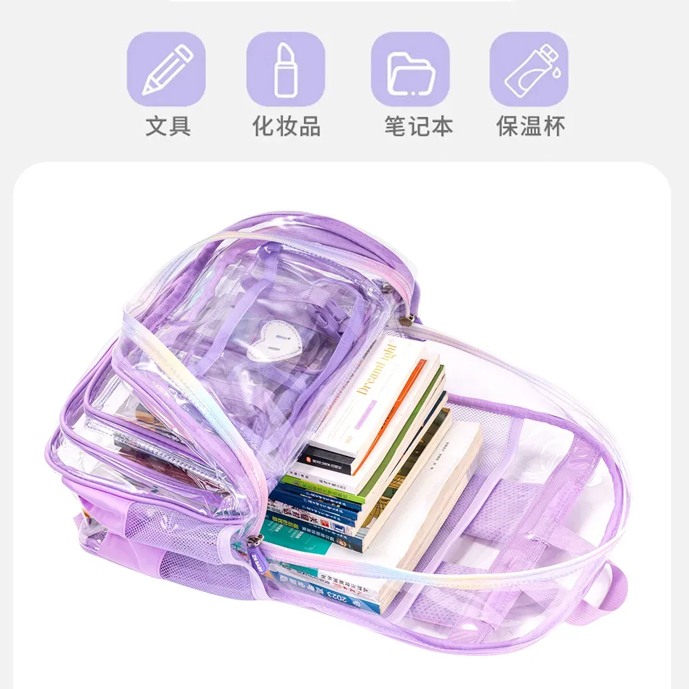 sac à dos transparent en pvc pour filles, sac d'école léger et transparent pour enfants, pour l'école quotidienne et les voyages
