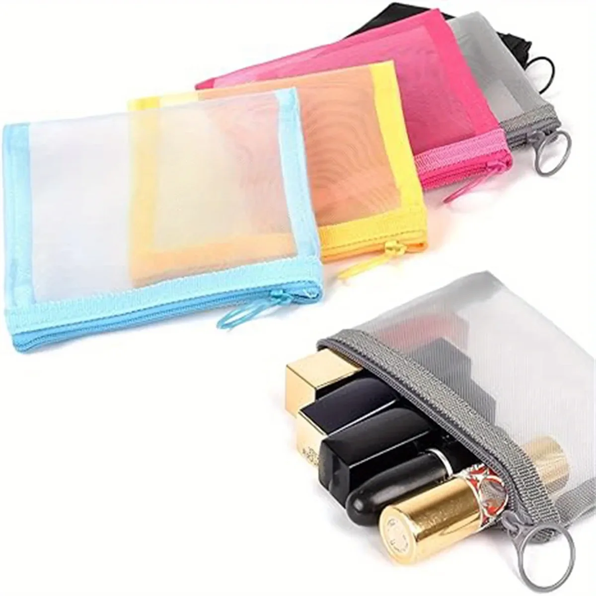 mini sacs en maille à fermeture éclair, 4 "x 5", organisateur d'accessoires cosmétiques pour maquillage de beauté, rouge à lèvres, petite pochette de rangement pour kit de voyage, 5 pièces/paquet