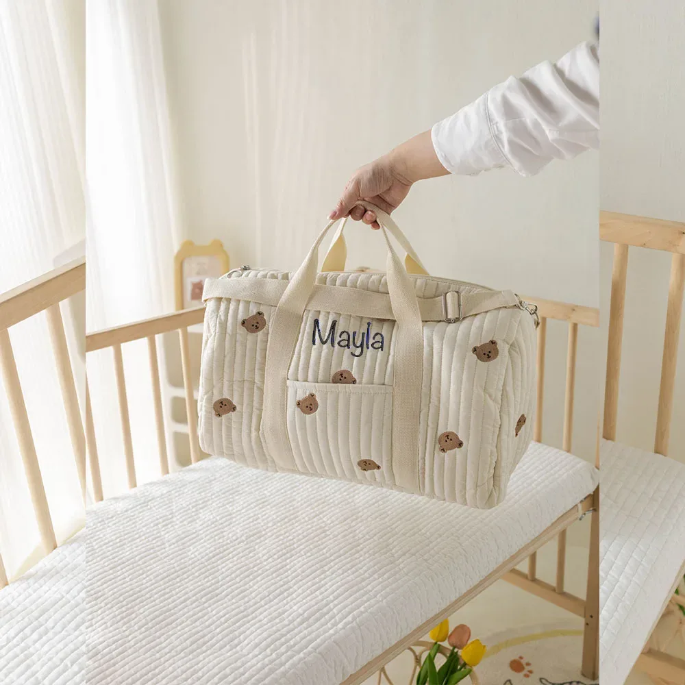 Sac de maman personnalisé avec nom, sac mère et bébé petit ours, sac de rangement sortant de grande capacité, sac à bandoulière à main brodé