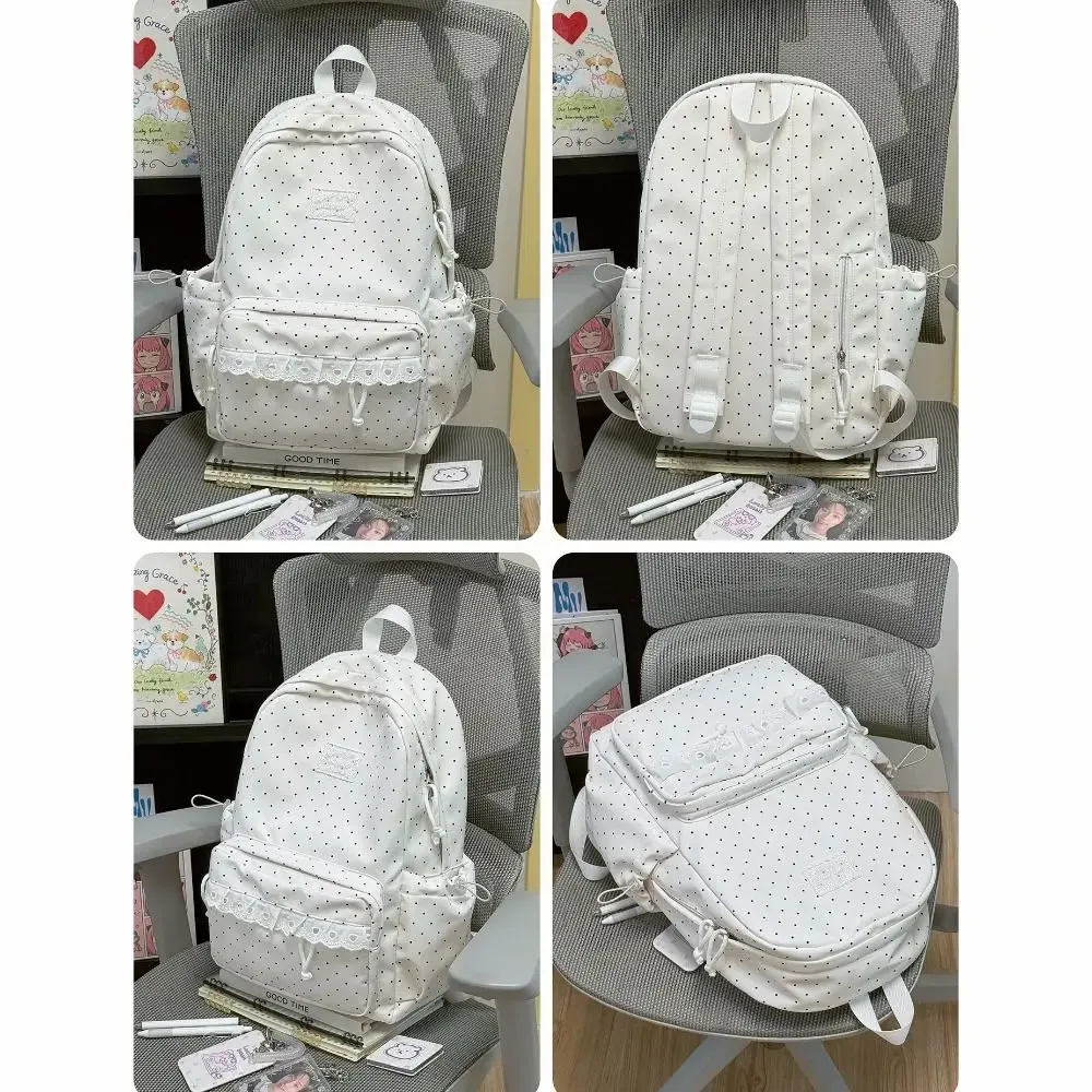 sac à dos tendance à pois, design minimaliste avec nœud, garniture en dentelle, grande capacité, léger, pour étudiants, usage quotidien