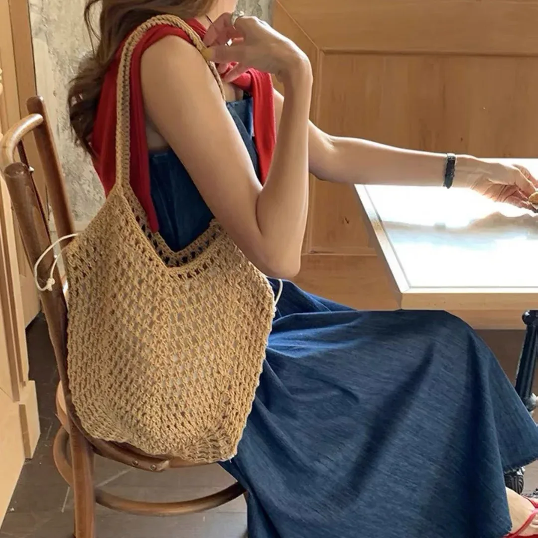 sac fourre-tout tissé respirant, sac à bandoulière de plage, sac de voyage décontracté ajouré pour les sorties d'une journée, la piscine et la plage