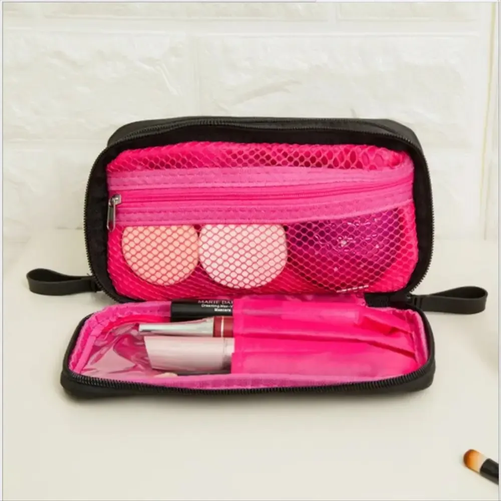 mini trousse de maquillage noire pour femme, sac de rangement en nylon pour fille, petit sac à cosmétiques à double fermeture éclair, mode de voyage design, 03/2
