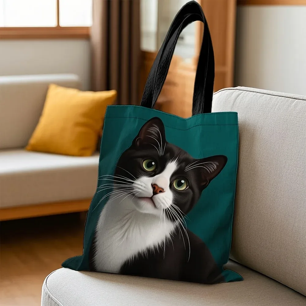 Sac fourre-tout grande capacité motif chat Tuxedo, réutilisable et durable, sac à bandoulière noir et blanc à rayures, motif chat sur fond turquoise