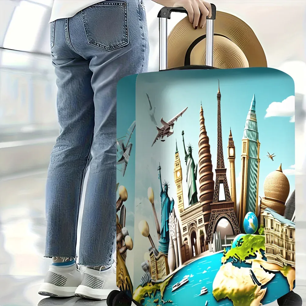 1 housse de bagage imprimée avec des monuments mondiaux, pour bagages de 18 à 32 pouces ; accessoires de voyage vibrants et résistants pour une protection efficace