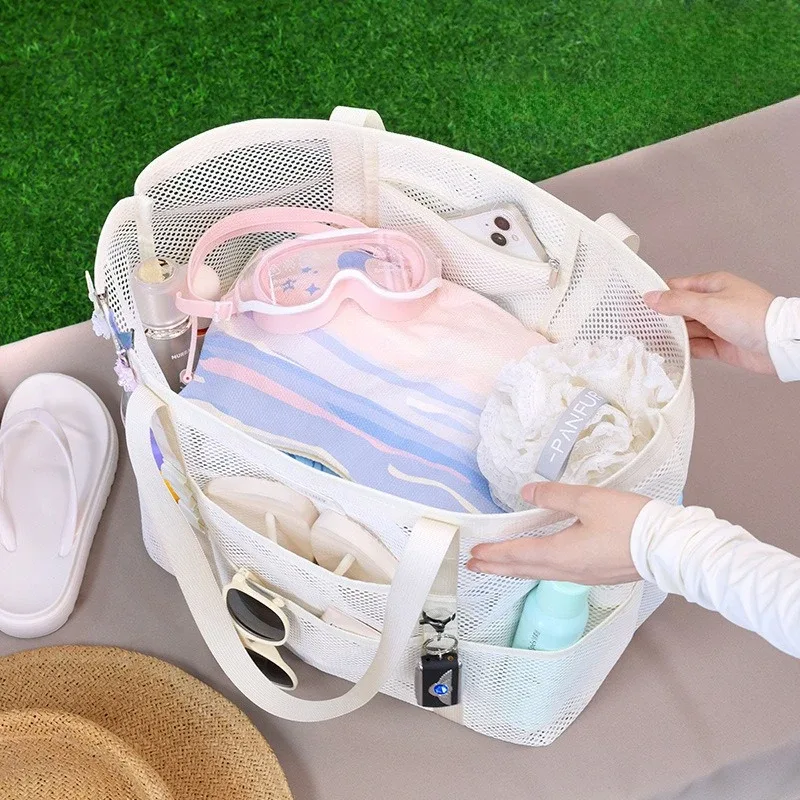 sac de plage en maille respirante avec plusieurs poches de rangement, grand format, séchage rapide, imperméable, sac à bandoulière pour les sports d'été en plein air