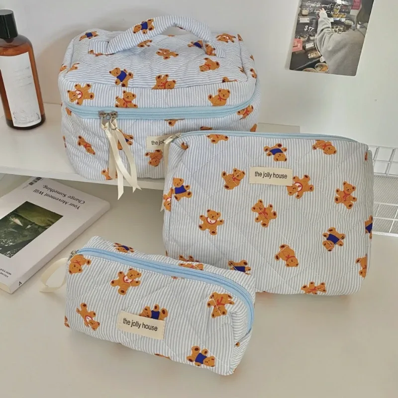 sac de maquillage en tissu de coton avec nœud mignon pour femmes, organisateur de cosmétiques à fermeture éclair, sac à main en forme de boîte, trousse de toilette portable pour filles