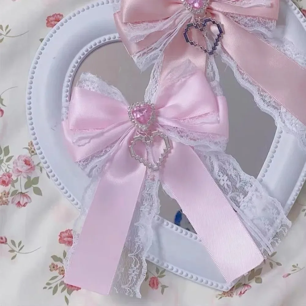 1/2pcs kit de nœuds en ruban à faire soi-même, double couche, avec pendentif en forme de cœur, clip diamant, breloque de sac à dos lolita, cœur scintillant