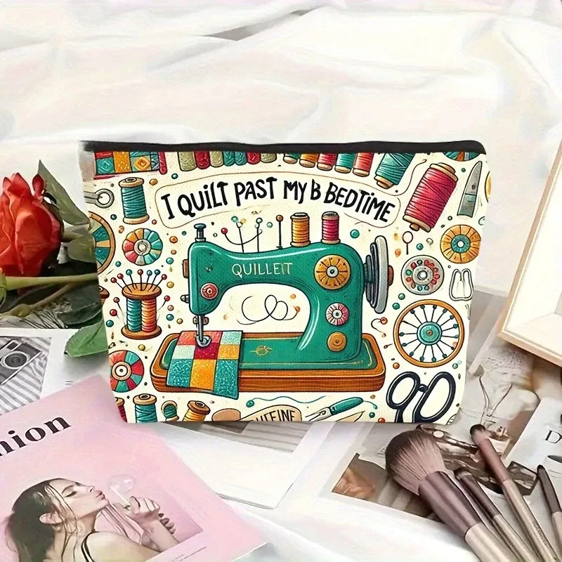 sac à cosmétiques vintage pour machine à coudre et tissu imprimé, pochette de rangement de maquillage à fermeture éclair, étui de voyage léger et pliable, sac de rangement