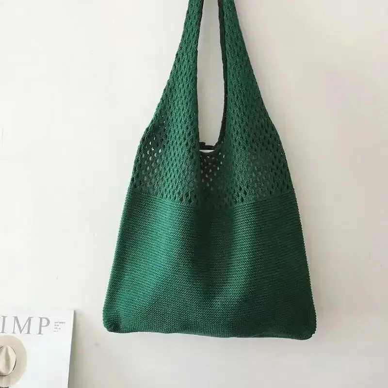 sac fourre-tout en laine tricoté de couleur unie, nom personnalisé, sac de shopping pour femmes, sac à main rétro ajouré, sacs à main doux brodés personnalisés