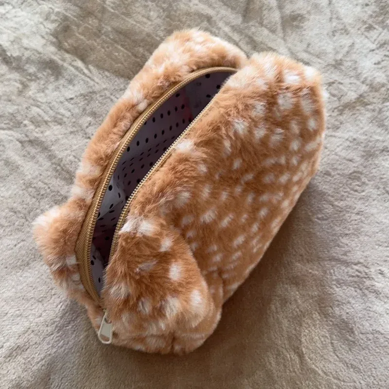 trousse de maquillage coréenne à imprimé léopard fauve, trousse de toilette de voyage portable en peluche moelleuse, organisateur de grande capacité pour femmes, pochette à papeterie