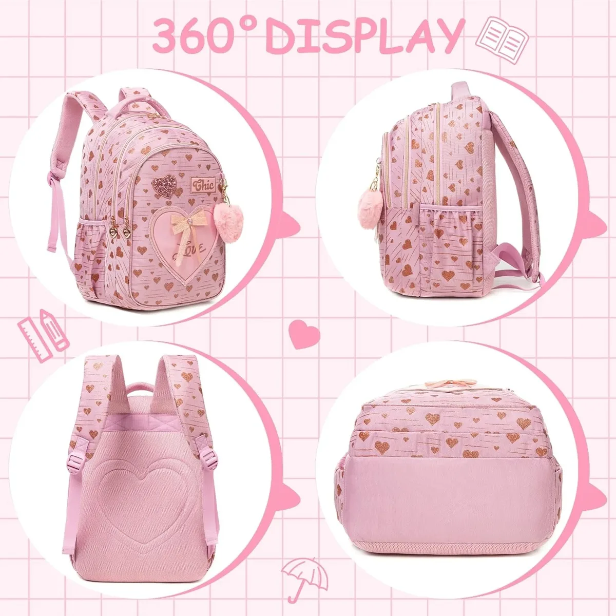ensemble de 3 sacs à dos d'école pour filles, avec fourre-tout et trousse à crayons, sac à livres primaire léger pour enfants, mochila de retour à l'école
