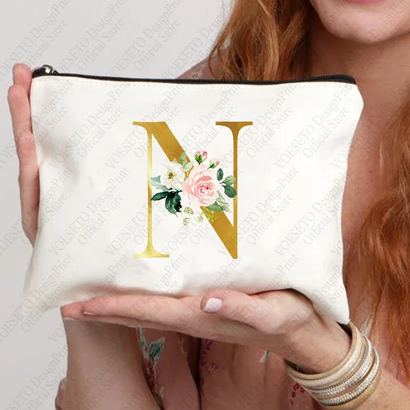 sac à fermeture éclair à motif initial pour femme, trousse de maquillage cosmétique, poudres de toile de bain de mariage, sacs de rouge à lèvres de voyage, cadeau de fête d'enterrement de vie de jeune fille