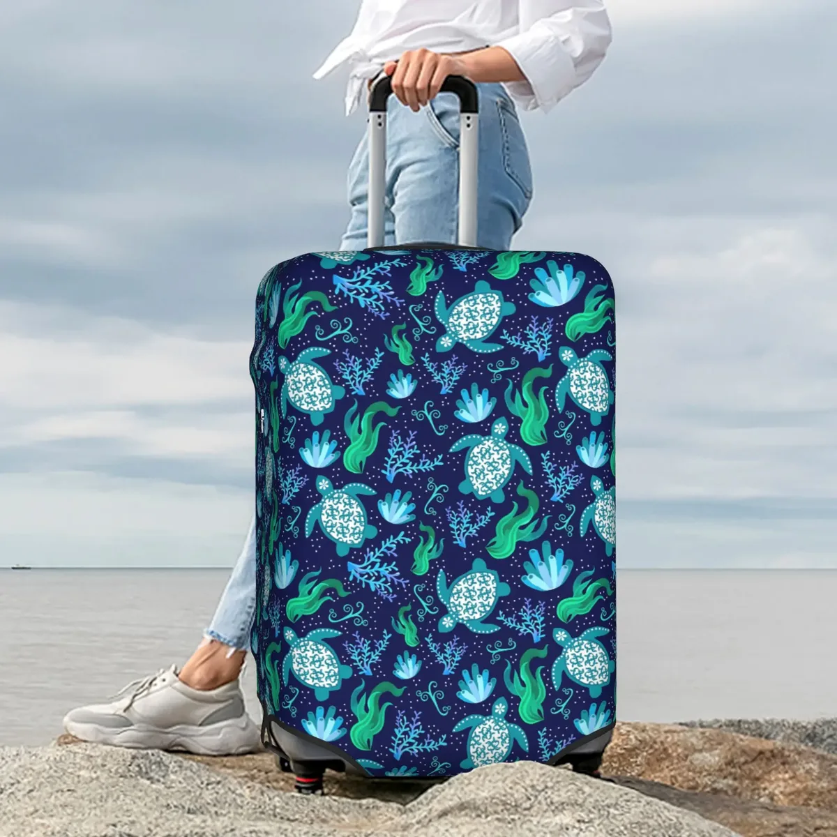 housse de protection pour valise, motif tortues marines sur fond bleu marine, mignonne, convient aux valises de 18 à 32 pouces