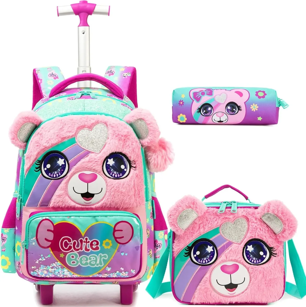 sac à dos roulant pour filles, valise de voyage pour enfants avec roulettes, bagage à main avec animaux mignons pour élèves du primaire, sac à roulettes pour enfants