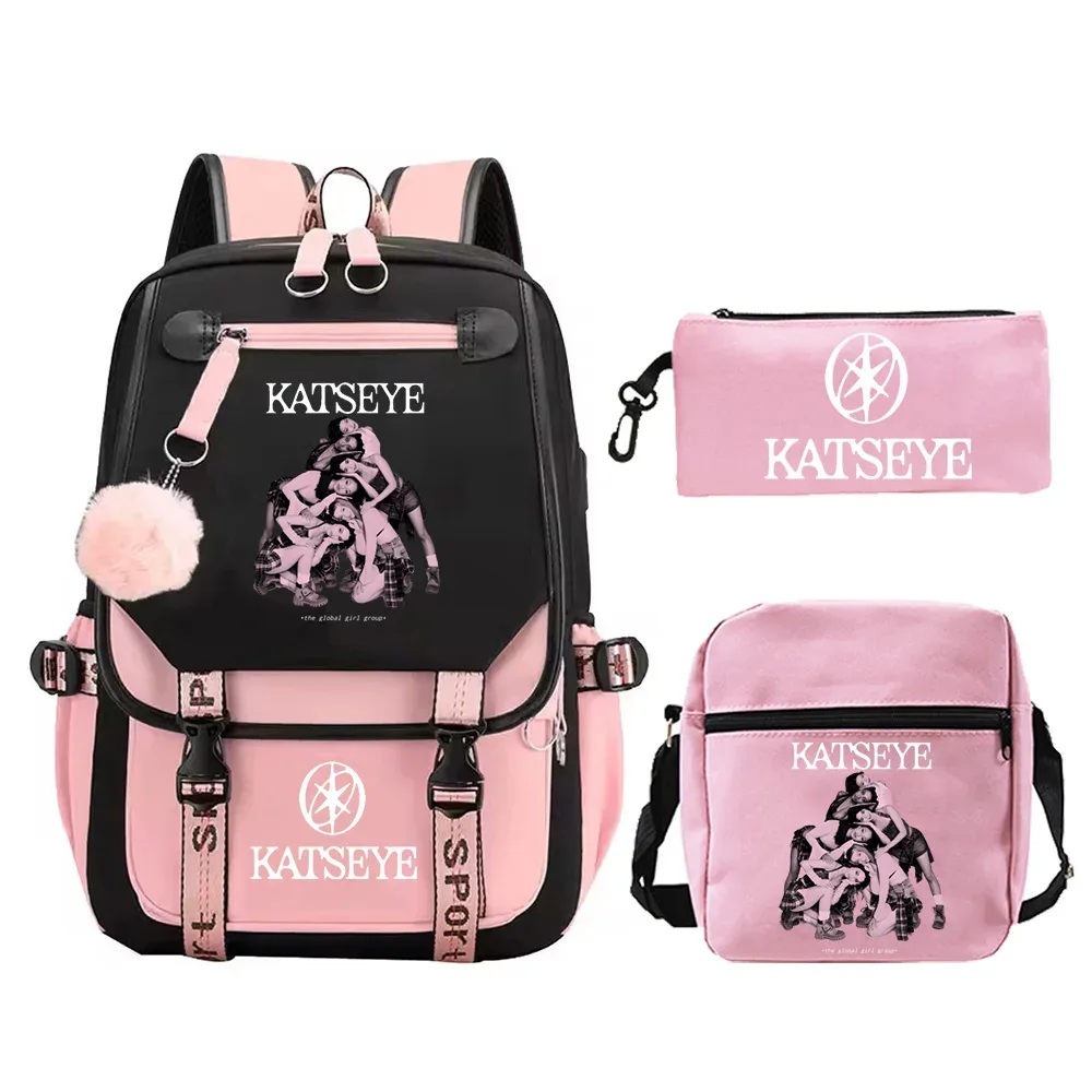 nouveau sac à dos kpop katseye pour filles, ensemble de 3 pièces, sacs d'école pour enfants, sac à déjeuner, trousse à crayons, sac d'école imprimé katseye, sac de voyage