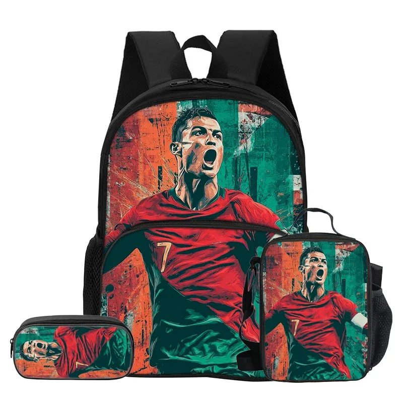 ensemble de 3 pièces avec sac à dos à poche avant ronaldo, sac isotherme pour le déjeuner, trousse à crayons cr, sac à dos de star du football