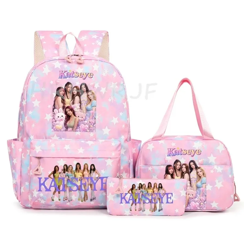 sac à dos katseye à thème musical, 3 pièces, imprimé étoiles roses, cartable amusant pour adolescents, étudiants, femmes, sac à dos pour ordinateur portable, sac de voyage mochila
