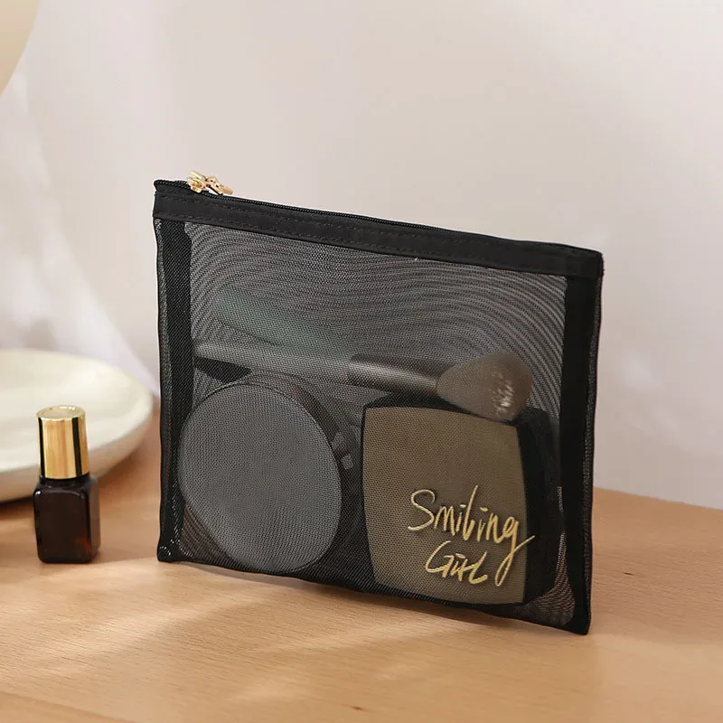 1pc 2025 noir maille sac cosmétique petits grands sacs de maquillage pochette à fermeture éclair pour les bureaux sacs de rangement de voyage sacs de toilette pochette de maquillage