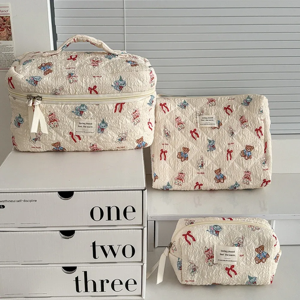 sac matelassé pour femmes, animaux de dessin animé kawaii, grande capacité, pochette de rangement de toilette cosmétique, 3 types, trousse de maquillage à fermeture éclair pour dames