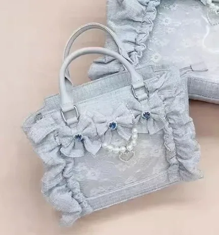 sac à main en dentelle à volants pour femmes et filles, sacoche de style japonais, fourre-tout carré avec nœud papillon en perles, sacs à main portables initiés