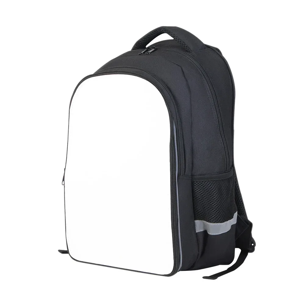 sac à dos d'étudiant noir vierge pour sublimation, double couche, avec bande de protection fluorescente pour impression par transfert thermique