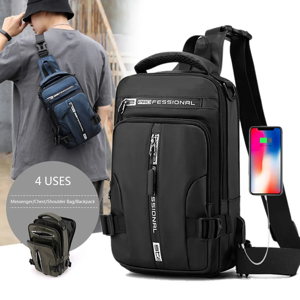 Sac à dos à bandoulière pour homme, sac de poitrine initié, port de charge USB, sacs de messager polyvalents, nylon étanche, voyage